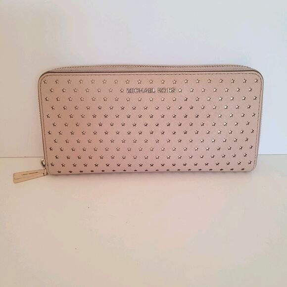 MICHAEL KORS Pink Star Leather Zip Around Wallet Large Clutch 8x4 Logo Classic - Picture 1 of 11